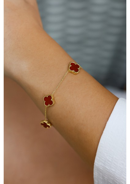 Bordo Yonca Motifli Zarif Bileklik, Altın Kaplama Zincir, Kadın Takısı