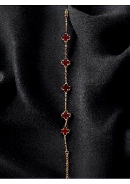 Bordo Yonca Motifli Zarif Bileklik, Altın Kaplama Zincir, Kadın Takısı modelleri