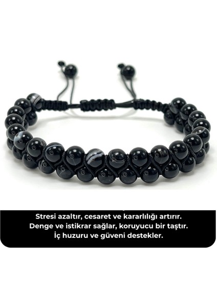 Doğal Taş Makrome Bileklik, Siyah, Ayarlanabilir, Şık ve Hafif Tasarım