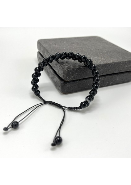 Doğal Taş Makrome Bileklik, Siyah, Ayarlanabilir, Şık ve Hafif Tasarım