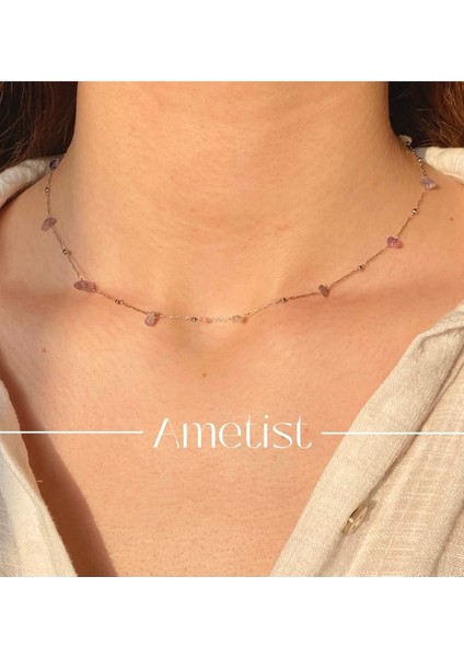 Mor Doğal Taş Minimal Çelik Kolye, Şık ve Zarif Takı Seçeneği