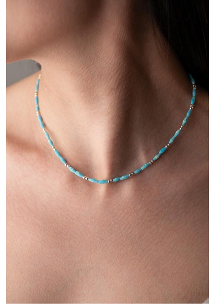 925 Ayar Gümüş Doğal Firuze Taşlı Zarif Kolye, Mavi Renk modelleri