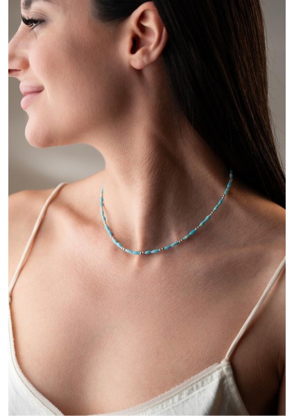 925 Ayar Gümüş Doğal Firuze Taşlı Zarif Kolye, Mavi Renk indirimleri