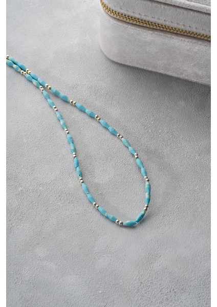 925 Ayar Gümüş Doğal Firuze Taşlı Zarif Kolye, Mavi Renk