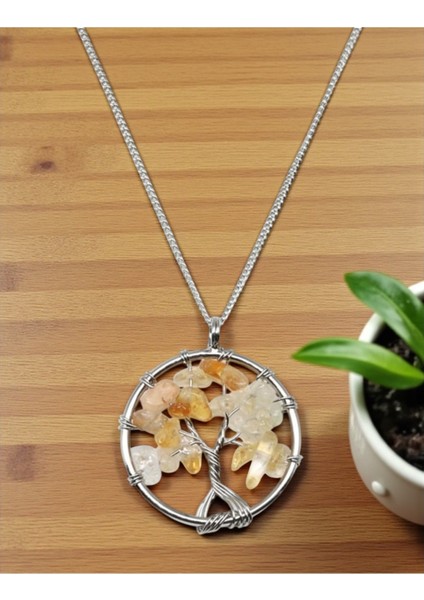 Doğal Taş Tel Sarmalı Hayat Ağacı Kolye, 45 Cm, Şık ve Enerji Dolu Takı