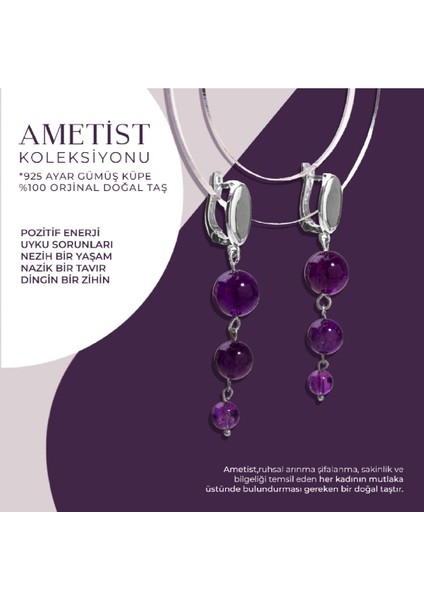 Doğal Ametist Taşlı 3 Katlı Sallantılı Gümüş Küpe