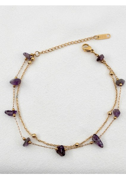 Gümüş Renk Çift Zincirli Doğal Ametist Taşlı Bileklik