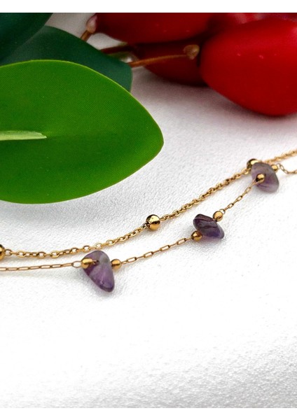 Gümüş Renk Çift Zincirli Doğal Ametist Taşlı Bileklik fiyatları