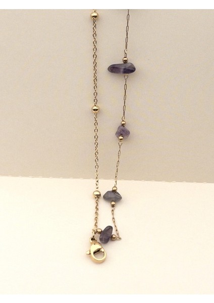 Gümüş Renk Çift Zincirli Doğal Ametist Taşlı Bileklik modelleri