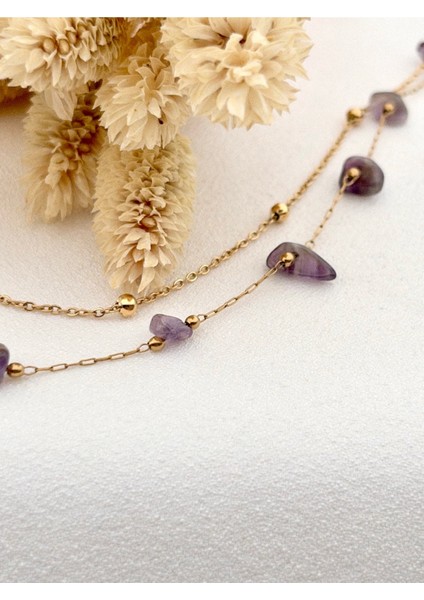 Gümüş Renk Çift Zincirli Doğal Ametist Taşlı Bileklik indirimleri