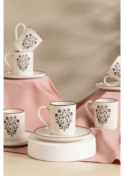 6 Kişilik 12 Parça Siyah Kahve Fincan Takımı, Modern ve Doğal Tasarım