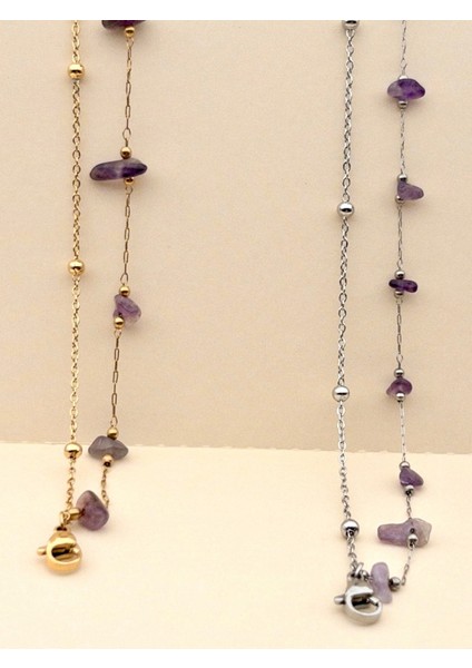 Gümüş Renk Çift Zincirli Doğal Ametist Taşlı Bileklik