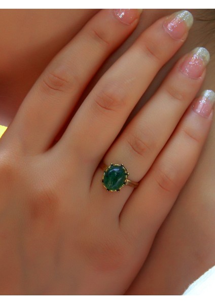 Yeşil Akik Doğal Taşlı Antik Tarz Kadın Yüzük, Ayarlanabilir, Şık Takı