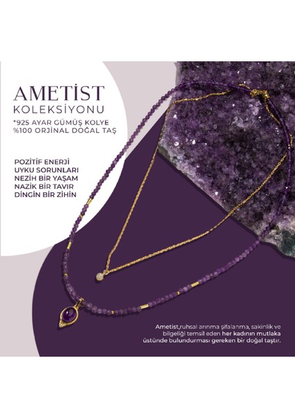 Doğal Ametist Taşlı 2'li Gümüş Tasarım Kolye, Zarif ve Şık Takı