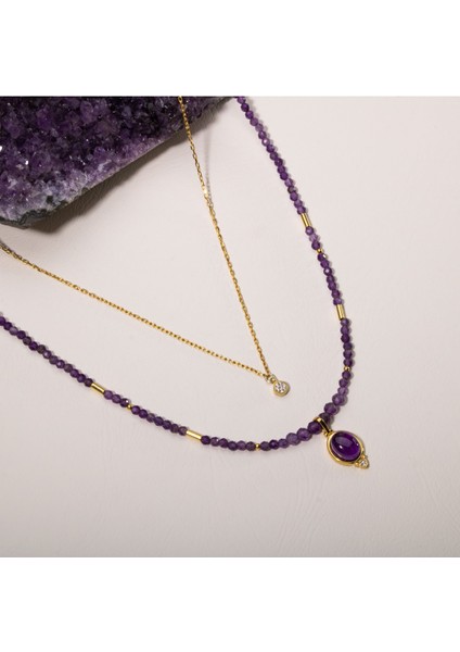 Doğal Ametist Taşlı 2'li Gümüş Tasarım Kolye, Zarif ve Şık Takı fırsatları