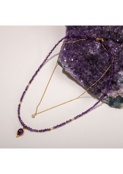 Doğal Ametist Taşlı 2'li Gümüş Tasarım Kolye, Zarif ve Şık Takı indirimleri