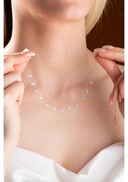 Kadın Gümüş Kolye, Damla Aquamarin Taşlı, 925 Ayar Sıralı Tasarım