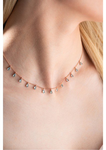 Kadın Gümüş Kolye, Damla Aquamarin Taşlı, 925 Ayar Sıralı Tasarım