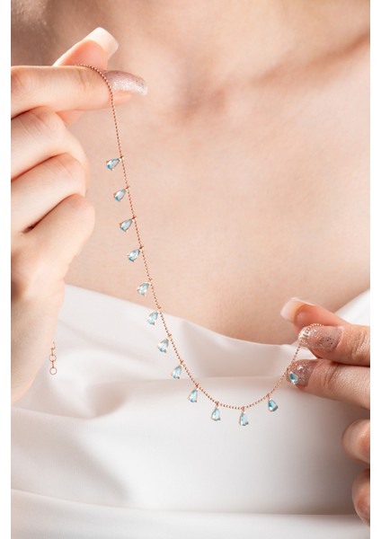 Kadın Gümüş Kolye, Damla Aquamarin Taşlı, 925 Ayar Sıralı Tasarım