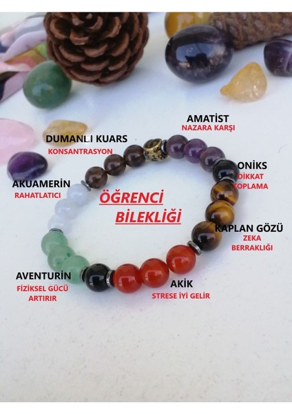 Doğal Taş Öğrenci Başarı Bilekliği, Oniks, Aventurin, Kuvars, Akuamerin, K. Gözü, Amatist