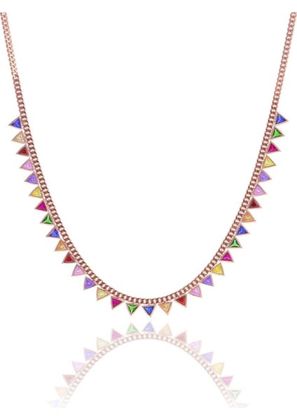 Gümüş Rose Taşlı Piramit Zincirli Şık Kolye, Zarif ve Modern Tasarım