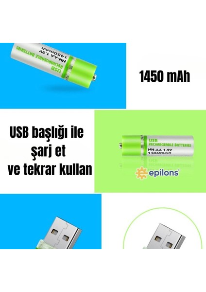 USB Şarjlı 1450MAH Aa 1.2V Lityum Kalem Pil 2’li Set Dönüşümlü Batarya modelleri
