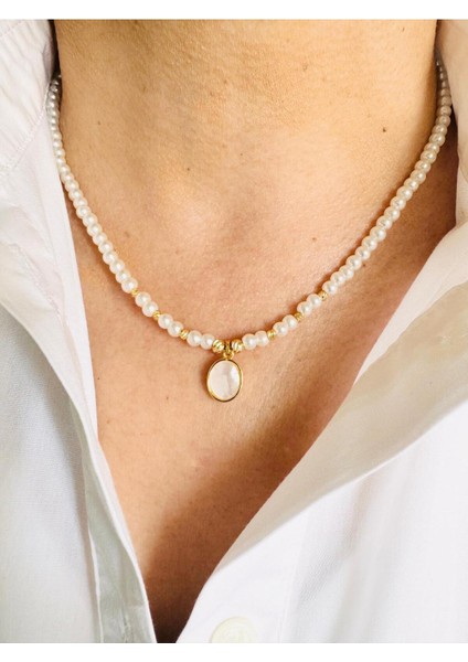 Krem Renkli Cam Incili Uçlu Zarif Kolye 44 cm fiyatları