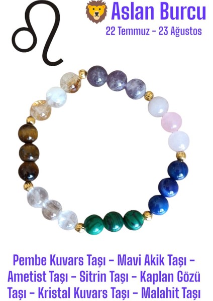 Renkli Aslan Burcu Bilekliği, Kaplan Gözü, Akik, Pembe Kuvars, Ametist, Sitrin, Malahit