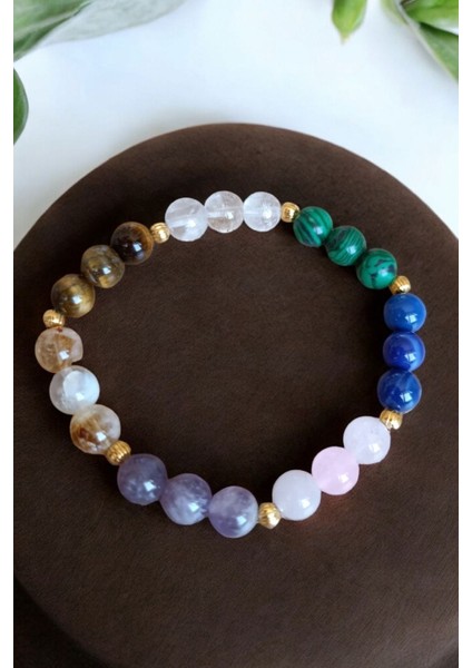 Renkli Aslan Burcu Bilekliği, Kaplan Gözü, Akik, Pembe Kuvars, Ametist, Sitrin, Malahit fırsatları