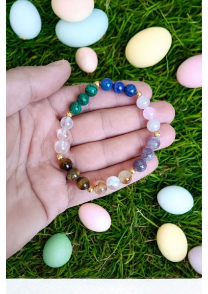 Renkli Aslan Burcu Bilekliği, Kaplan Gözü, Akik, Pembe Kuvars, Ametist, Sitrin, Malahit indirimleri