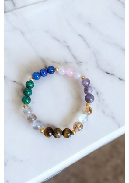 Renkli Aslan Burcu Bilekliği, Kaplan Gözü, Akik, Pembe Kuvars, Ametist, Sitrin, Malahit