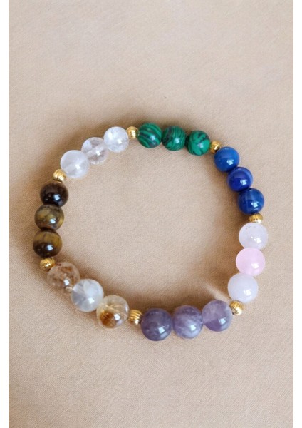 Renkli Aslan Burcu Bilekliği, Kaplan Gözü, Akik, Pembe Kuvars, Ametist, Sitrin, Malahit