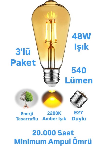 6W Amber Rustik Ampul St 64 Flamanlı 540 Lümen Edison Ampul