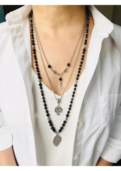 Uzun Doğal Taş Akik Üçlü Kombin Kolye 80 cm Siyah