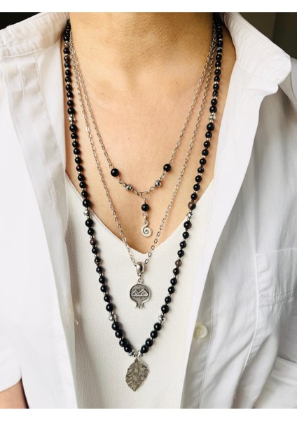 Uzun Doğal Taş Akik Üçlü Kombin Kolye 80 cm Siyah fiyatları