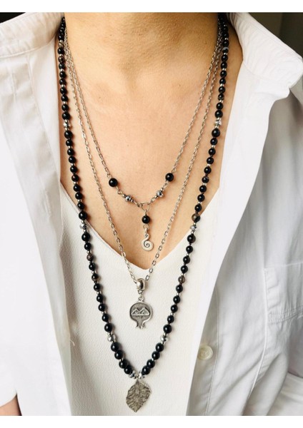 Uzun Doğal Taş Akik Üçlü Kombin Kolye 80 cm Siyah modelleri