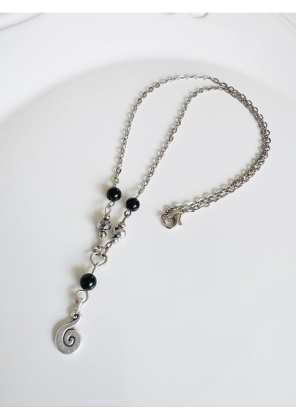 Uzun Doğal Taş Akik Üçlü Kombin Kolye 80 cm Siyah