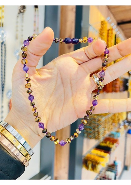 Mor Kehribar ve Ametist Taşlı Şık Yetişkin Kolye, Zarif Tasarım fiyatları