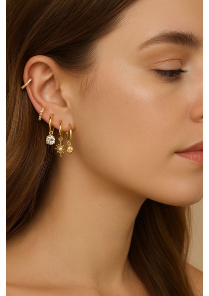 Parlak Altın Renkli Yıldız ve Taş Detaylı 6'lı Charm Küpe Seti