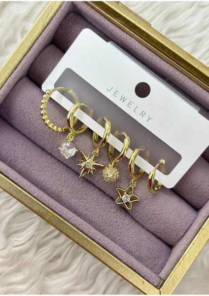 Parlak Altın Renkli Yıldız ve Taş Detaylı 6'lı Charm Küpe Seti fiyatları