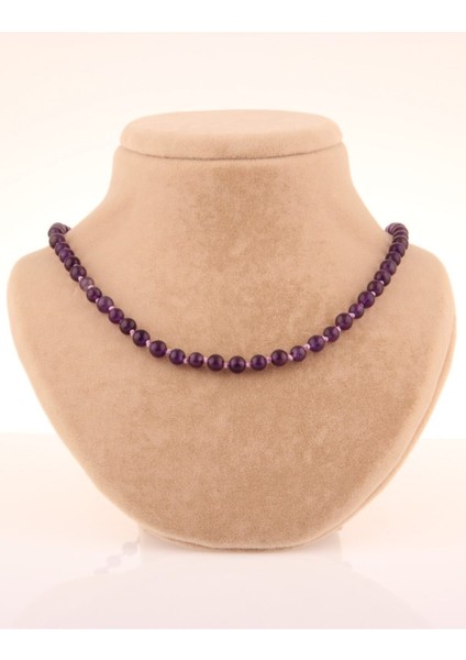 Mor Ametist 6mm Düğümlü Doğal Taş Kolye, Şık ve Zarif Takı Seçeneği