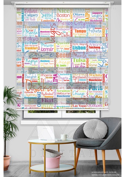 Dünya Şehirleri Basklı Zebra Stor Perde - Renkli - Dijital Baskılı Zebra Perde