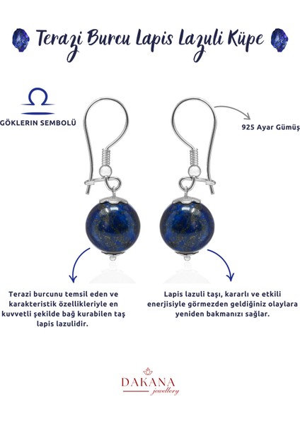 Doğal Taş Terazi Burcu Gümüş Küpe, Mavi, Sertifikalı