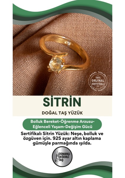 Sitrin Taşlı Gümüş ve Altın Kaplama Zarif Yüzük