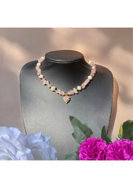 Pembe Kuvars ve Inci Doğal Taşlı Zarif Kolye, Şık ve Özel Takı Seçeneği