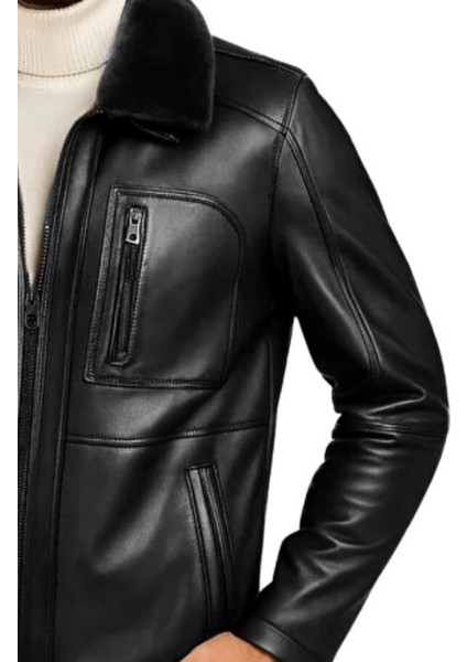 Carlos Hakiki Deri Erkek Siyah Seyyar Kürk Yaka Ceket-Mont fiyatları