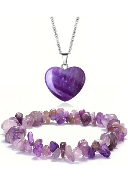 Mor Doğal Taş Kolye ve Bileklik Seti, Şık ve Enerjik Aksesuar Kombini