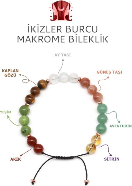 Ikizler Burcu Taşlarıyla Doğal Taş Makrome Bileklik 8 mm Küre Kesim