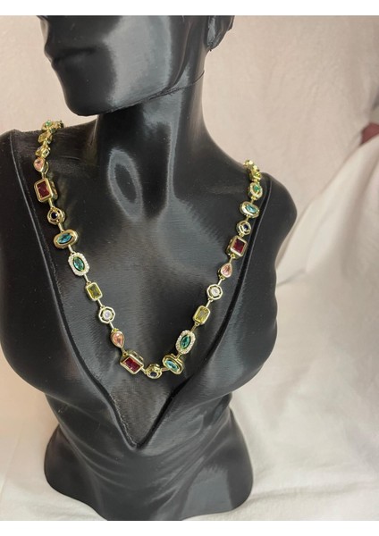 Renkli Taşlı Geometrik Şık Kadın Kolye, Zarif ve Modern Takı Tasarımı