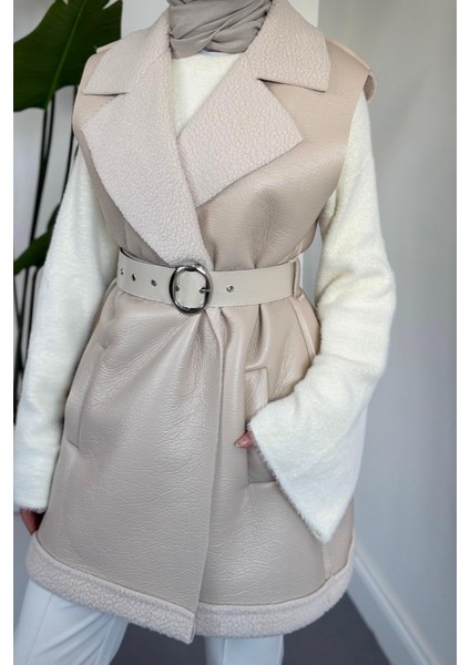 Amarila Deri Görünümlü Yelek Krem modelleri